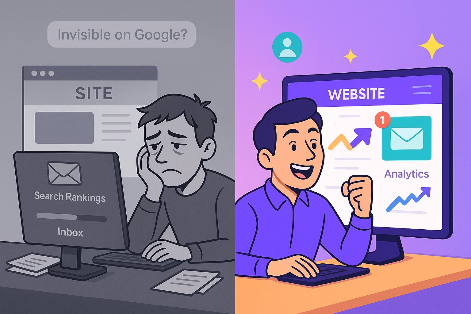 Side-by-side: invisible website vs. smart website generating leads